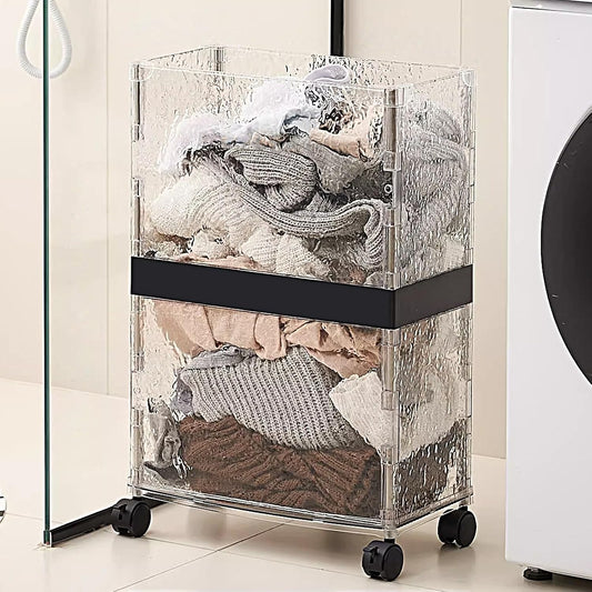 Un panier a linge qui se deplace sur roulettes en coloris noir